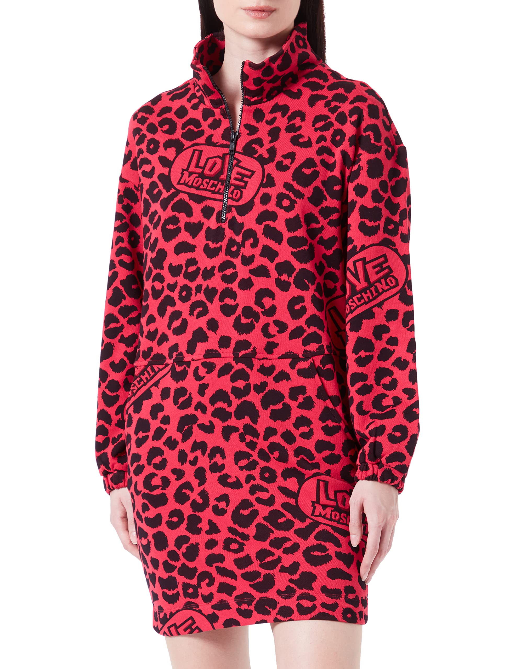 Love Moschino Damen Relaxed Fit Long Sleeves in 100% Cotton Fleece With Print Dress, Red Black, 42 EU