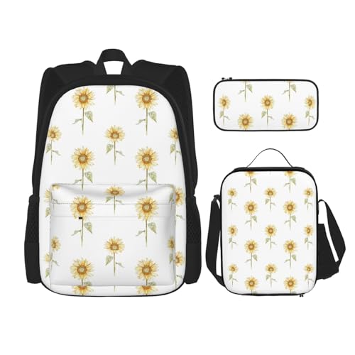 WURTON Blossoming Sunflowe Print Lunchbox Federmäppchen Rucksack Set 3 Stück Verstellbare Träger Langlebig Leicht, Schwarz, One Size