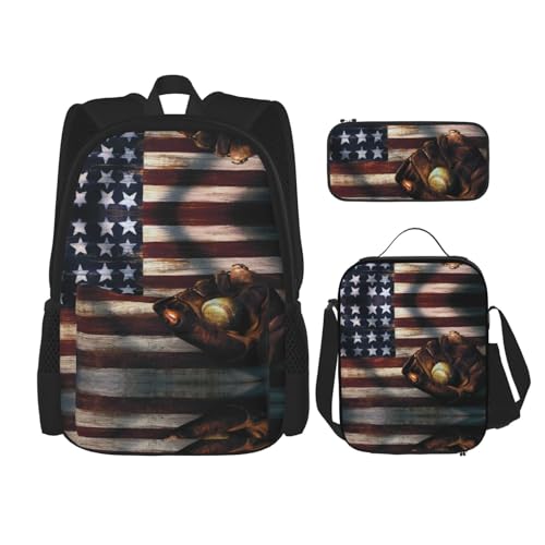 WURTON Rucksack-Set mit amerikanischer Flagge, Baseball-Druck, Schultasche mit Lunchtasche, Federmäppchen, Kombination, Schultaschen-Set