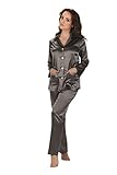 FOREX Lingerie eleganter Satin-Pyjama Schlafanzug Hausanzug im klassischen Still, grau, Gr. L