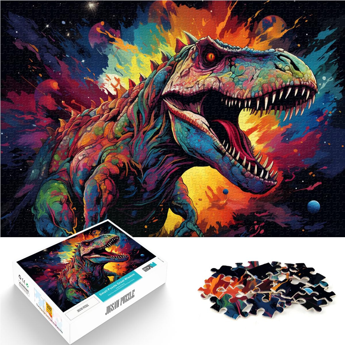 Puzzle, farbenfroher, Psychedelischer, mutierter Tyrannosaurus Rex für Erwachsene, 1000-teiliges Puzzle, Holzpuzzle, Heimdekoration, Puzzle 1000 Teile (50 x 75 cm)