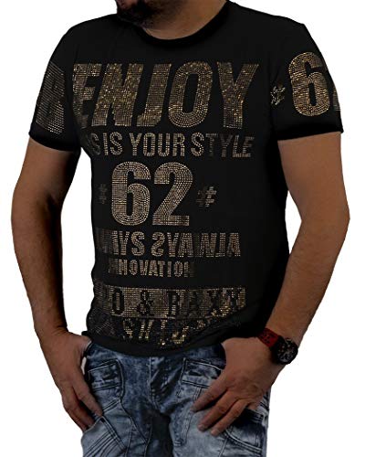 Cipo Baxx Herren T-Shirt Designer Kurzarm-Shirt Tshirt Applikation Strasssteine Glitzersteine Logo Schriftzug Rundhals Club-Wear CT543 (M, Schwarz)