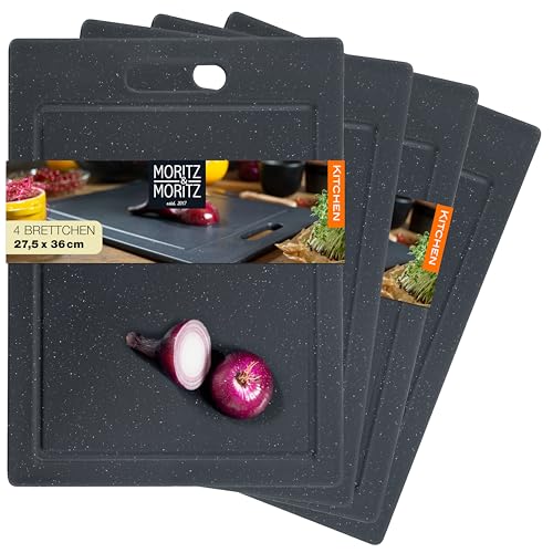 Moritz & Moritz 4x Schneidebretter Kunststoff - 36 x 27,5 cm - Schneidebretter BPA frei - Küchenbretter Granitoptik - Cutting Board mit Antirutschfüßen, Eingriffsöffnung - Schneidebrett mit Saftrille