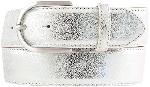 BELTINGER Damen-Gürtel mit Metall-Optik Echt Leder 4 cm | Leder-Gürtel Metallic-Look 40mm glänzend | Metall-Ledergürtel mit runder Gürtelschnalle | Silber 105cm