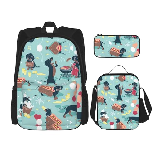 WURTON Hot Dogs und Limonade Print 3 in 1 Sets Casual Verstellbarer Schulterrucksack Mittagessen Tasche Federmäppchen Tasche Box, Schwarz, Einheitsgröße