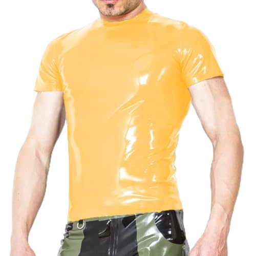 Herren Kunstleder Elastische Stange Bühnenleistung Slim Tops Kleidung Kostüm, Gelb, XS