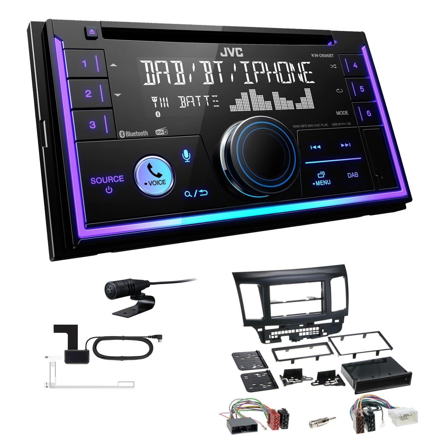 JVC KW-DB95BT 2-DIN Autoradio CD-Receiver Digitalradio DAB+ Bluetooth USB passend für Mitsubishi Lancer VIII und Sportsback ab 2007 schwarz mit OEM Radio