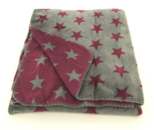 Kuscheldecke XL 150x200 cm Sterne in beere pink und grau - super weiche Flanell Microfaser Wohndecke fusselfrei Stars Decke Typ281