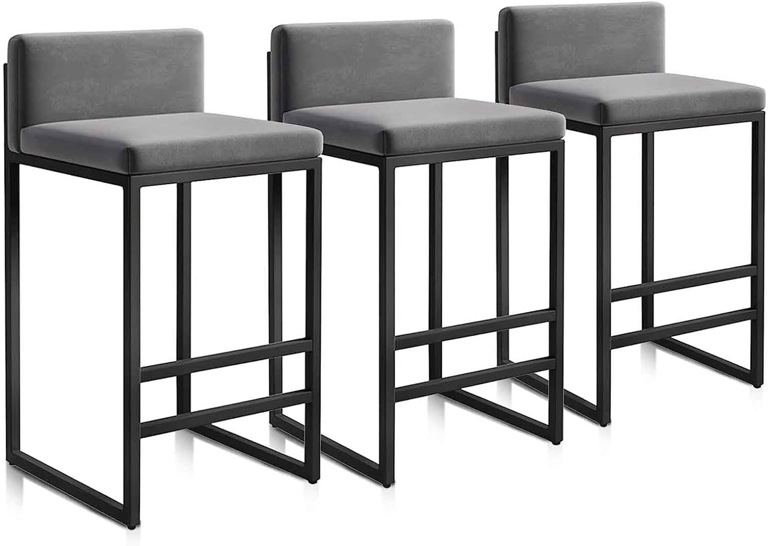 Frühstücksbarhocker 3er-Set, Samt-Barhocker für die Küchentheke, Moderne Barstühle mit Rückenlehne und schwarzem Metallrahmen, Tragkraft 150 kg/300 lbs,Grau,75cm(29,5'')