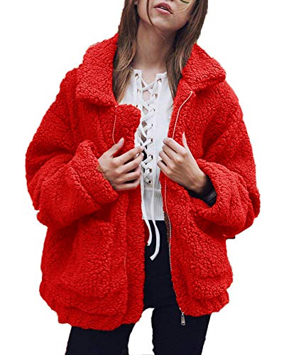 Shallgood Damen Mantel Plüschjacke Winter Winterjacke Steppjacke Warmen Outwear Reißverschluss Lange Ärmel Einfarbig Sexy Parka Rot DE 44