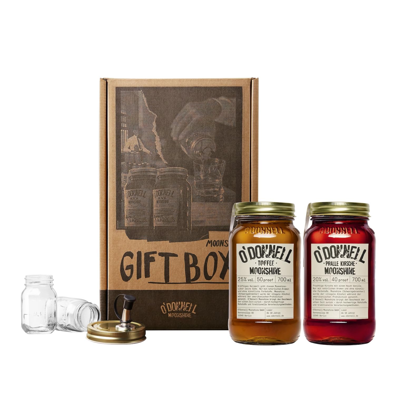 2er Likör Geschenkbox O'Donnell Moonshine | Premium Schnaps nach amerikanischer Tradition | vegan | Geschenkset | natürliche Zutaten | Geschenkidee (Toffee/Pralle Kirsche)