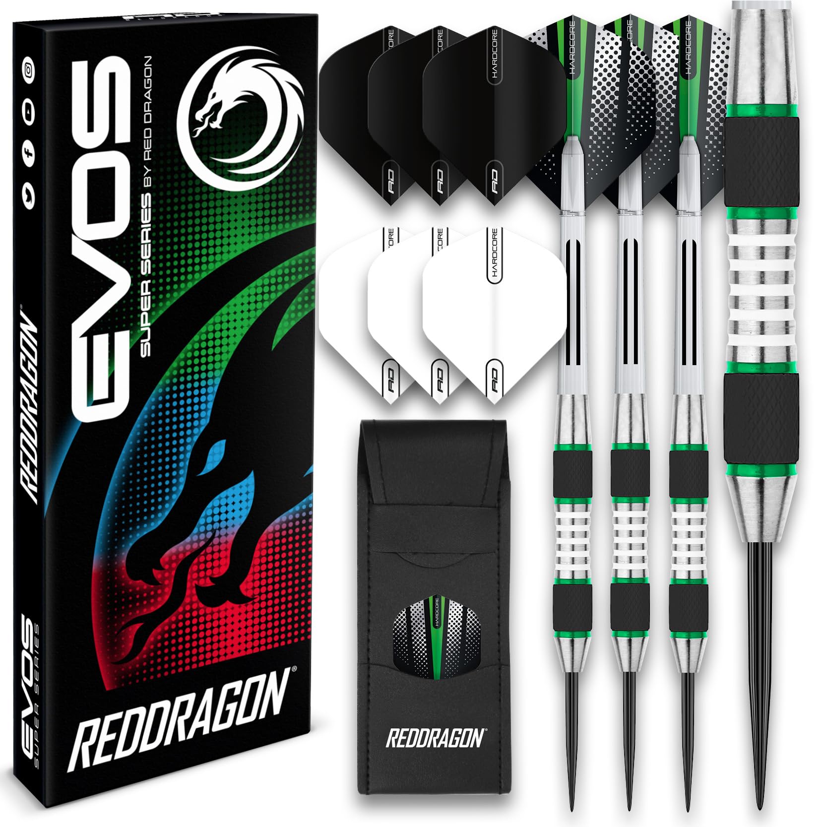 RED DRAGON Evos: 24 Gram Grün Tungsten Dartpfeile Profi Steel Darts Set mit Flights, Schäfte and Brieftasche