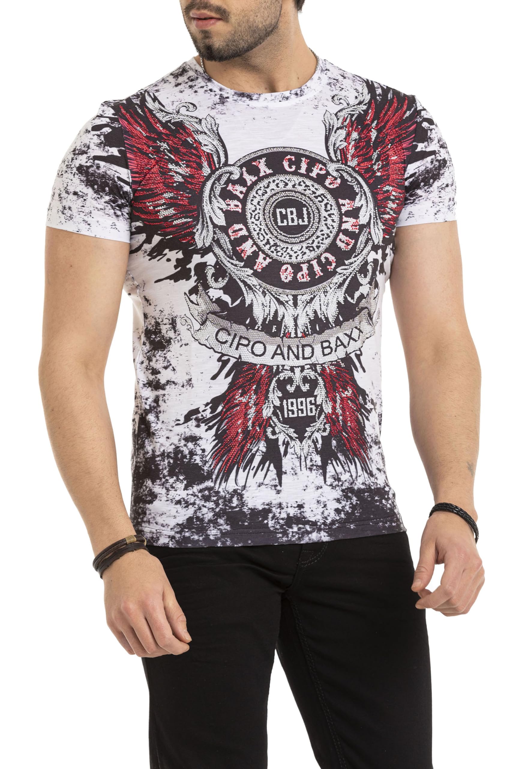 Cipo & Baxx Herren T-Shirt Kurzarm Print Rundhals Strasssteine CT666 Weiß S