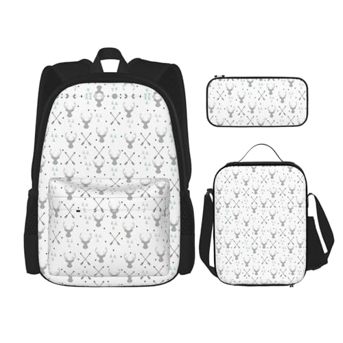 WURTON Rucksack mit Jagdpfeilen, Dreiecken, Hirschdruck, Schultasche, mit Lunchtasche, Federmäppchen, Kombination, Schultaschen-Set