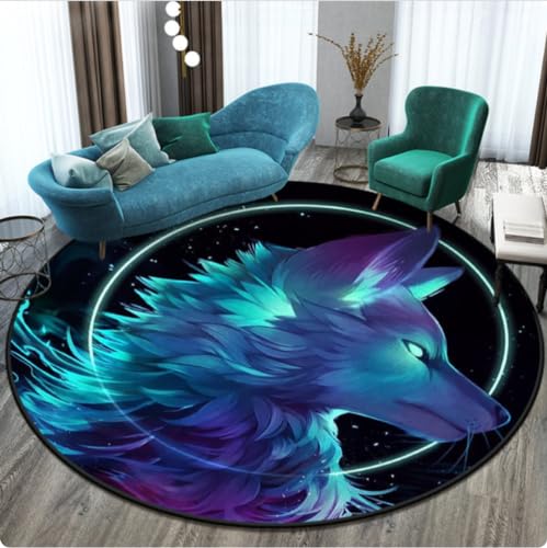 CKSEKD Fantasy Wolf Gedruckter runder Teppich Kinder Bodenteppich Matte Yogamatten Schlafzimmer Esports Stuhl Matte 100cm