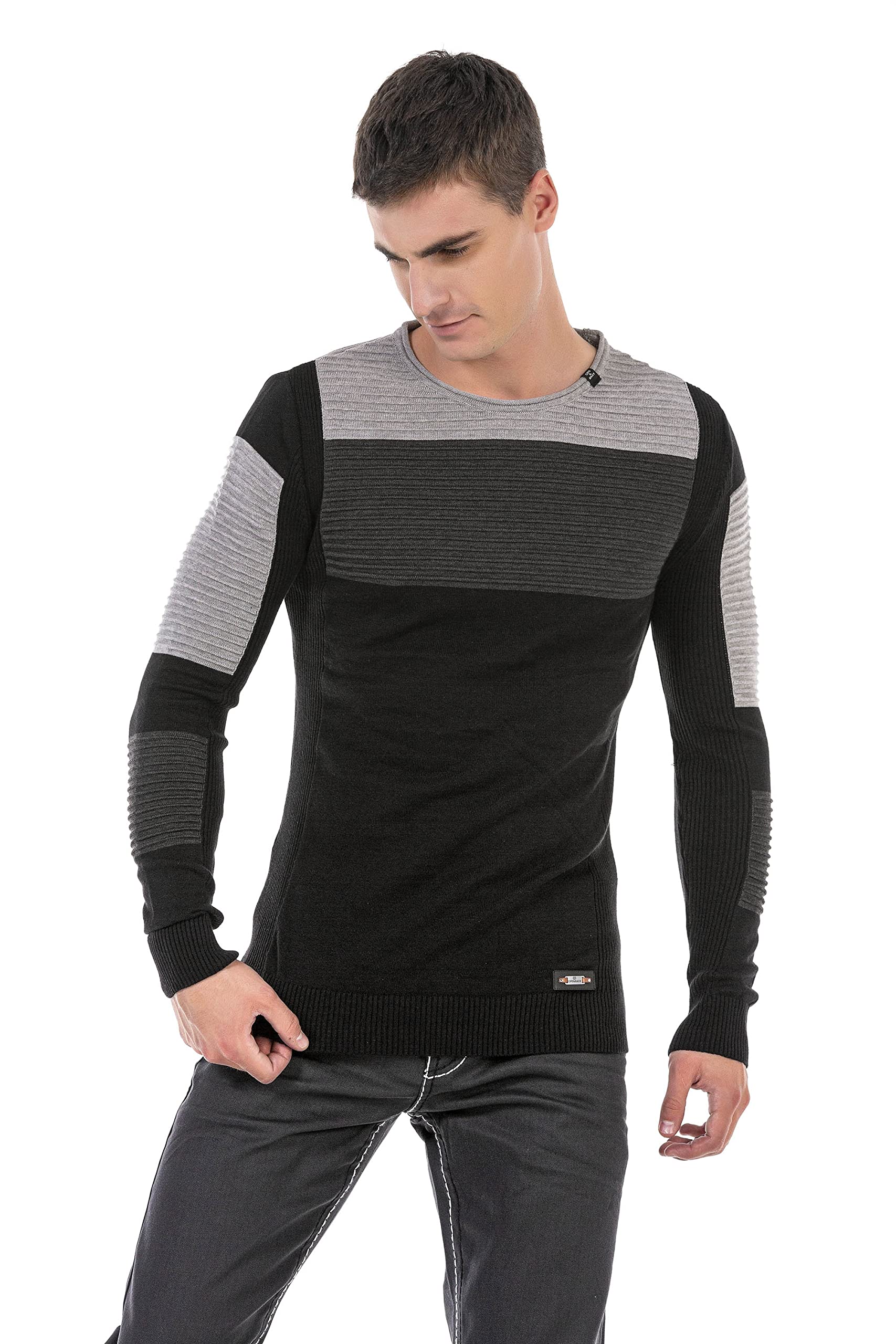 Cipo & Baxx Herren Strick Pullover Sweater Gerippt Pulli CP247 Schwarz-Anthracite XL