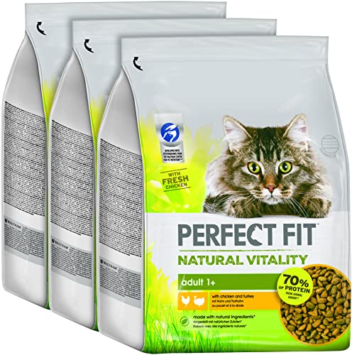 Perfect Fit Natural Vitality Adult 1+ – Trockenfutter für erwachsene Katzen ab 1 Jahr – Huhn und Truthahn – Unterstützt die Vitalität –3 x 2,4 kg