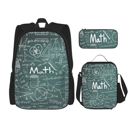 WURTON Formulas Shapes Theory Mathematikunterricht Wortdruck Rucksack Set Schule Büchertasche mit Lunchtasche Federmäppchen Kombination Schulranzen Set