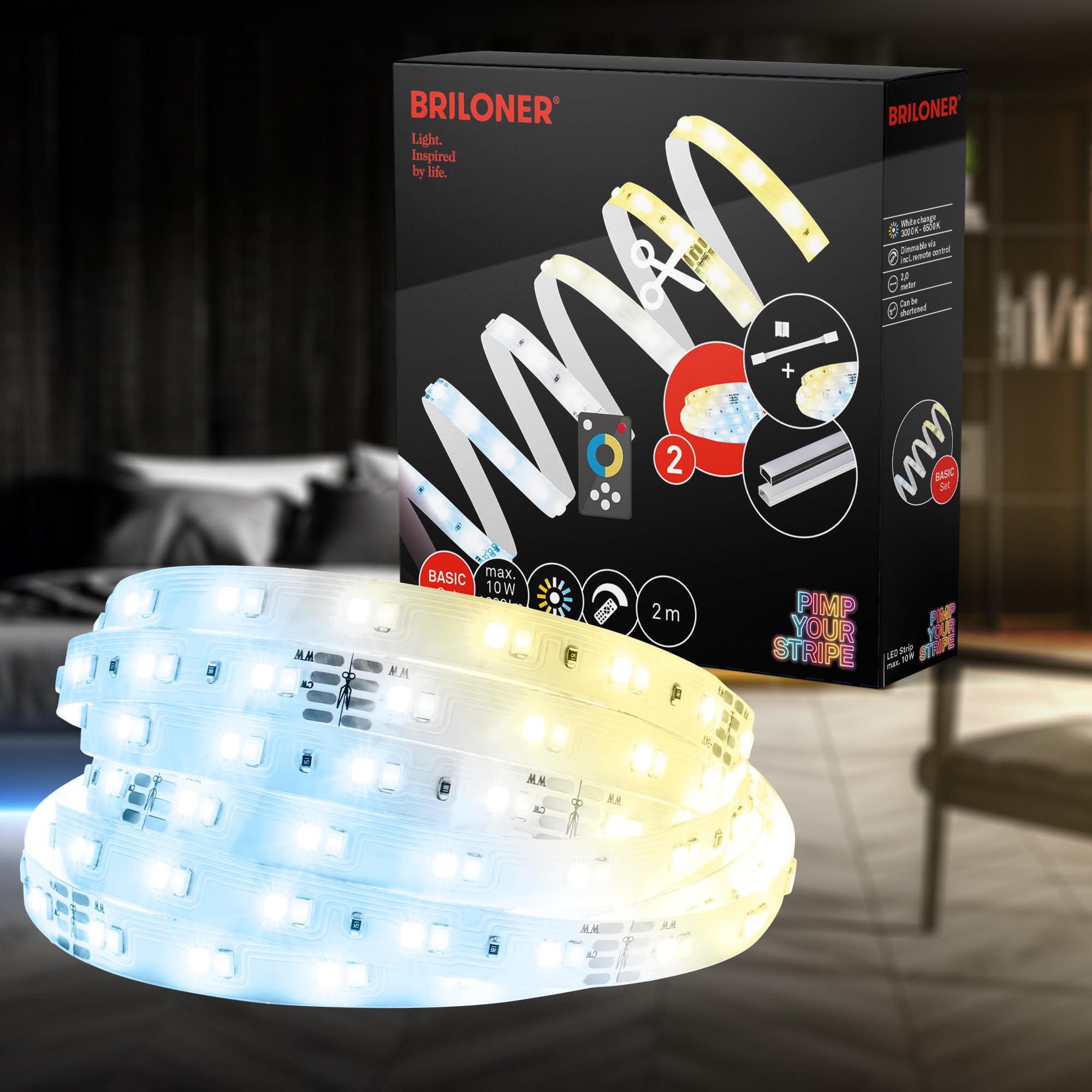 BRILONER - Pimp your Stripe Starter Set 2m LED Strip warmweiß bis kaltweiß, Fernbedienung, 3m Zuleitung, Kürzbar, Selbstklebend, LED Streifen, LED Lichtleiste, Zimmer Deko, Gaming Deko, Lichtband