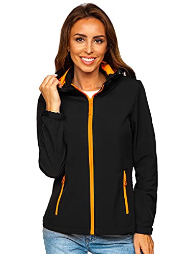 BOLF Damen Softshelljacke Übergangsjacke mit Kapuze Regenjacke Funktionsjacke Winddicht Wasserdicht Sportjacke Trekkingjacke Atmungsaktiv Outdoor Style J.Style HH018 Schwarz-Orange S [D4D]