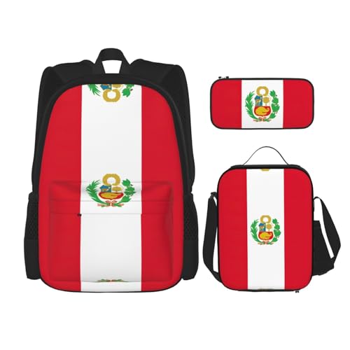 WURTON 3-in-1-Set mit Flaggen-Aufdruck, verstellbarer Schulter-Rucksack, Lunch-Tasche, Federmäppchen, Beutel, Schwarz, Einheitsgröße