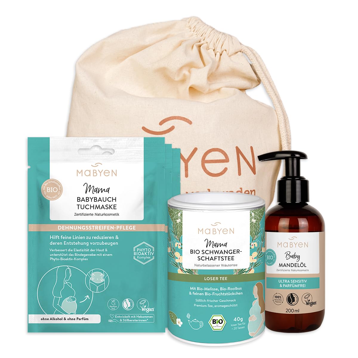 MABYEN Schwangerschafts Set | Naturkosmetik, Vegan, Natürliche Pflege für Schwangere mit 3x Babybauch Tuchmaske, 1x Mandelöl und 1x Schwangerschaftstee, Dehnungsstreifen Pflege