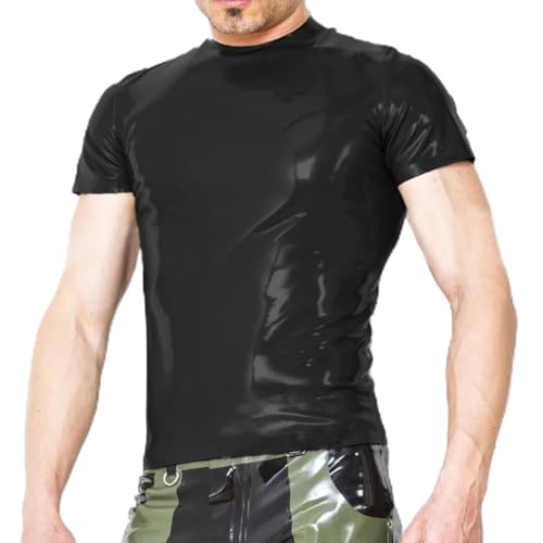 Herren Kunstleder Elastische Stange Bühnenleistung Slim Tops Kleidung Kostüm, Schwarz, 6XL