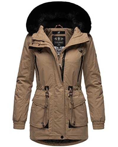 Navahoo Damen Winterjacke Wintermantel Baumwoll-Parka mit abnehmbarem Kunstfell Olessaa Taupe Gr. L