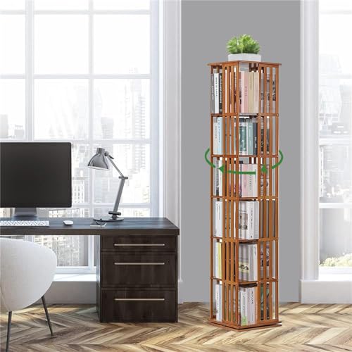 GLBMXDD Um 360 Grad drehbares Bücherregal, platzsparendes Stand-Bücherregal, kreatives Bücherregal, drehbares Aufbewahrungsregal aus Bambus, geeignet für Schlafzimmer,Brown-6Tier