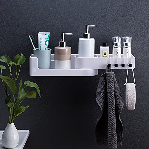 Eckregal fürs Badezimmer, drehbar, Duschregal mit 4 Haken, Wandmontage, für Dusche, Shampoo, Organisation, selbstklebende Küchenaufbewahrung, Badezimmerregal-Organizer (Farbe: Weiß und Orange)