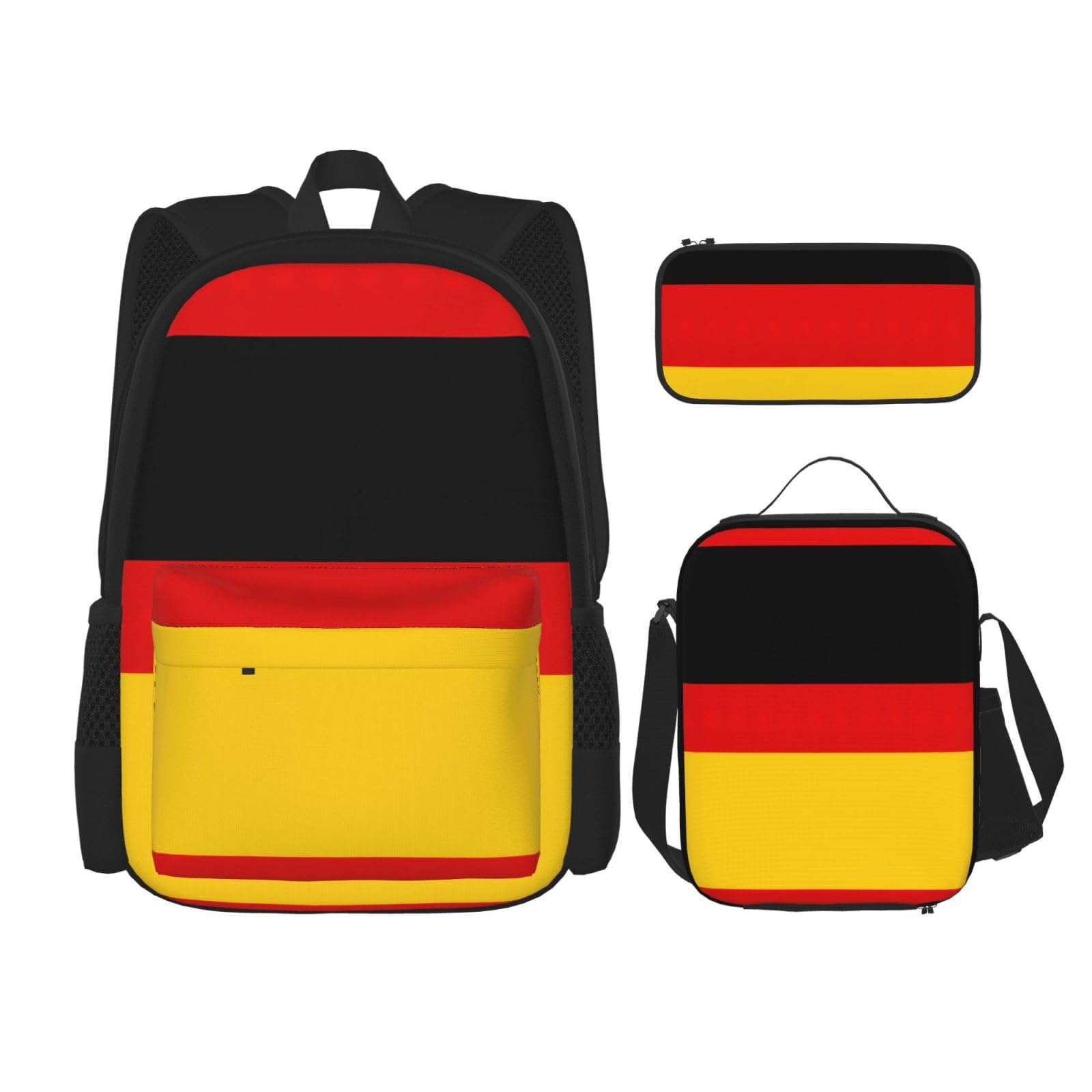 WURTON 3-in-1-Set mit deutscher Flagge, lässiger verstellbarer Schulter-Rucksack, Lunch-Tasche, Federmäppchen, Beutel, Schwarz, Einheitsgröße