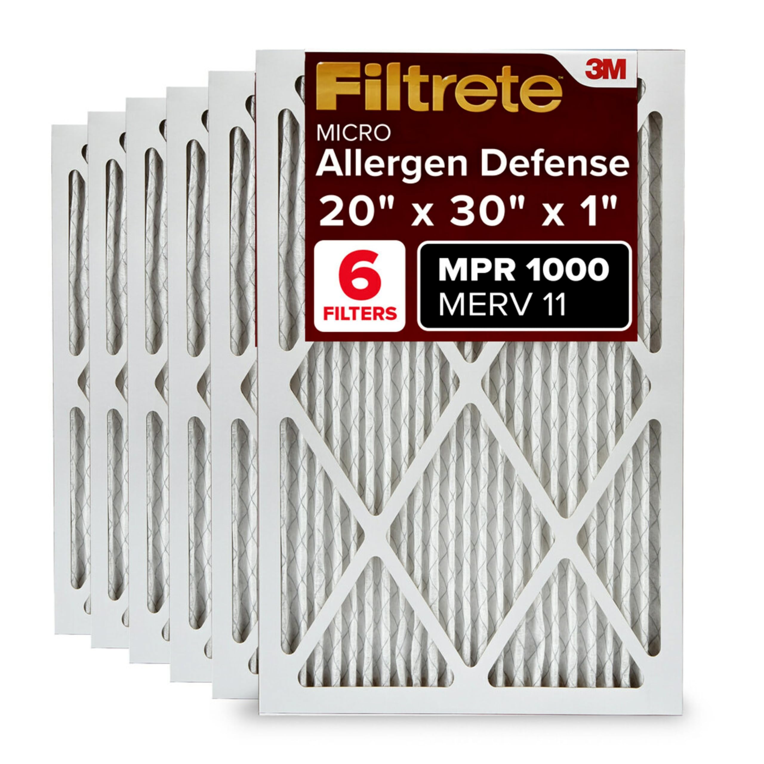 Filtrete 20 x 30 x 1 AC Ofen-Luftfilter, MERV 11, MPR 1000, Mikro-Allergenabwehr, 3 Monate plissiert, 2,5 cm elektrostatischer Luftreinigungsfilter, 6 Stück (tatsächliche Größe 50,3 x 75,7 x 2,1 cm)