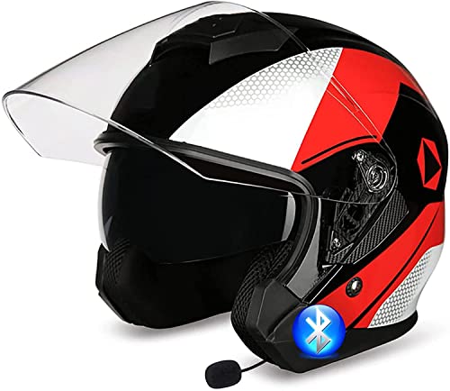 Motorradhelm Bluetooth Jethelm,DOT/ECE Zertifizierung mit Doppelvisier Vintage Motorrad Open Face Halbschale Retro Style Chopper Scooter BikerHelm Herren und Damen Helm