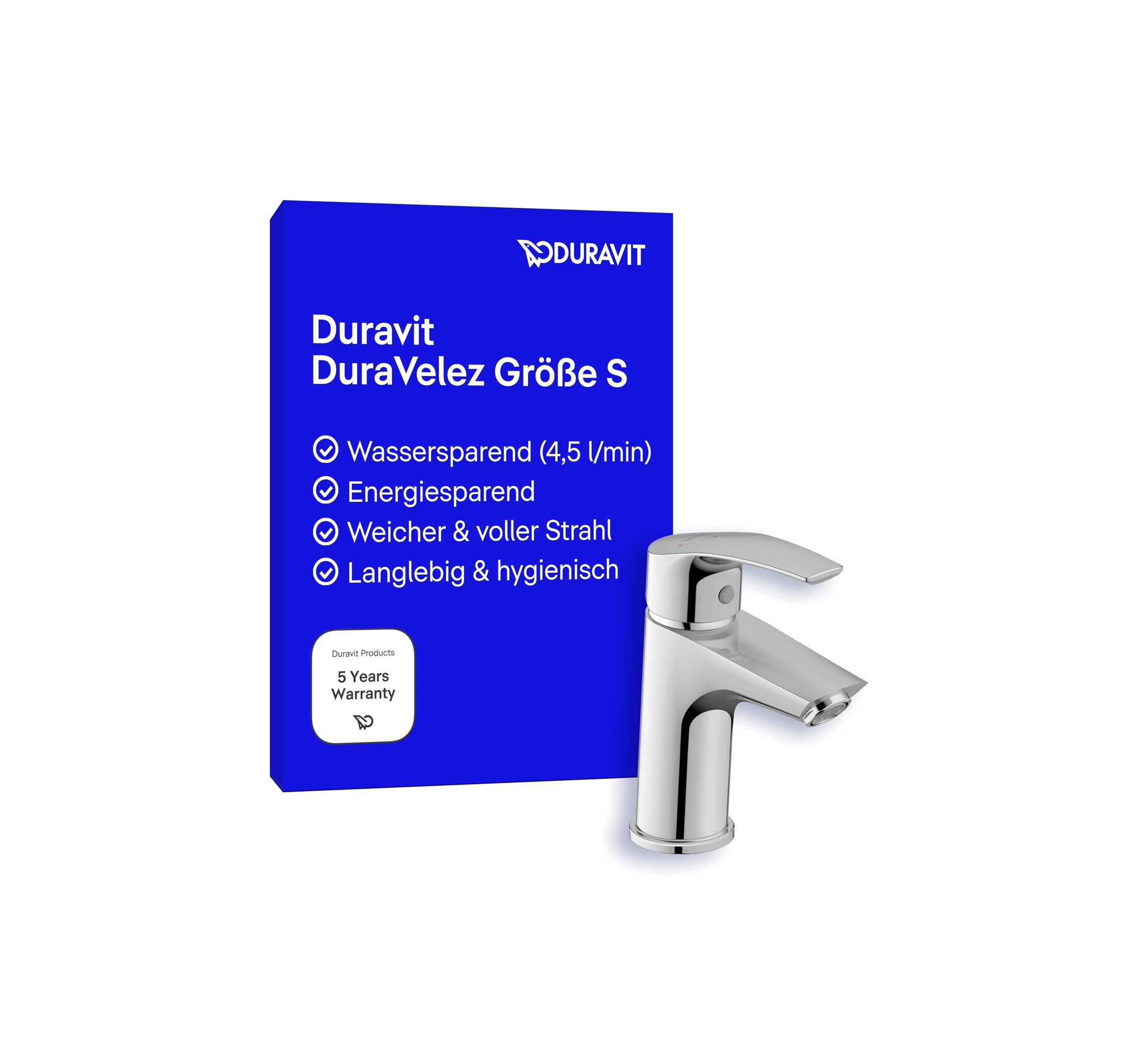 Duravit DuraVelez wassersparende Waschtischarmatur, Größe S (Auslauf Höhe 100 mm), energiesparende Waschbecken Armatur (FreshStart), Wasserhahn Bad ohne Zugstangen Ablaufgarnitur, Chrom