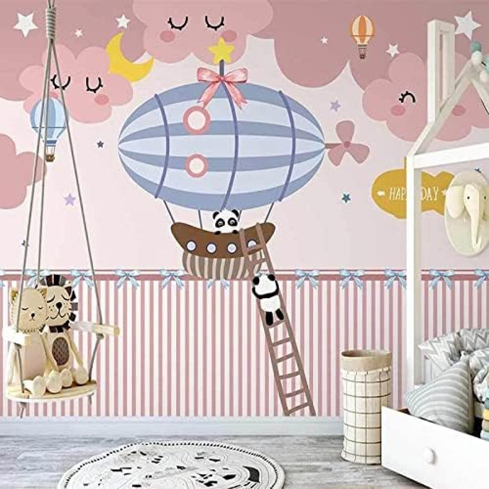 XLMING Cartoon Rosa Wolke Tier Panda Heißluftballon Kinderzimmer 3D Tapete Wohnzimmer Sofa Schlafzimmer Esszimmer Home Dekoration Wand-430cm×300cm