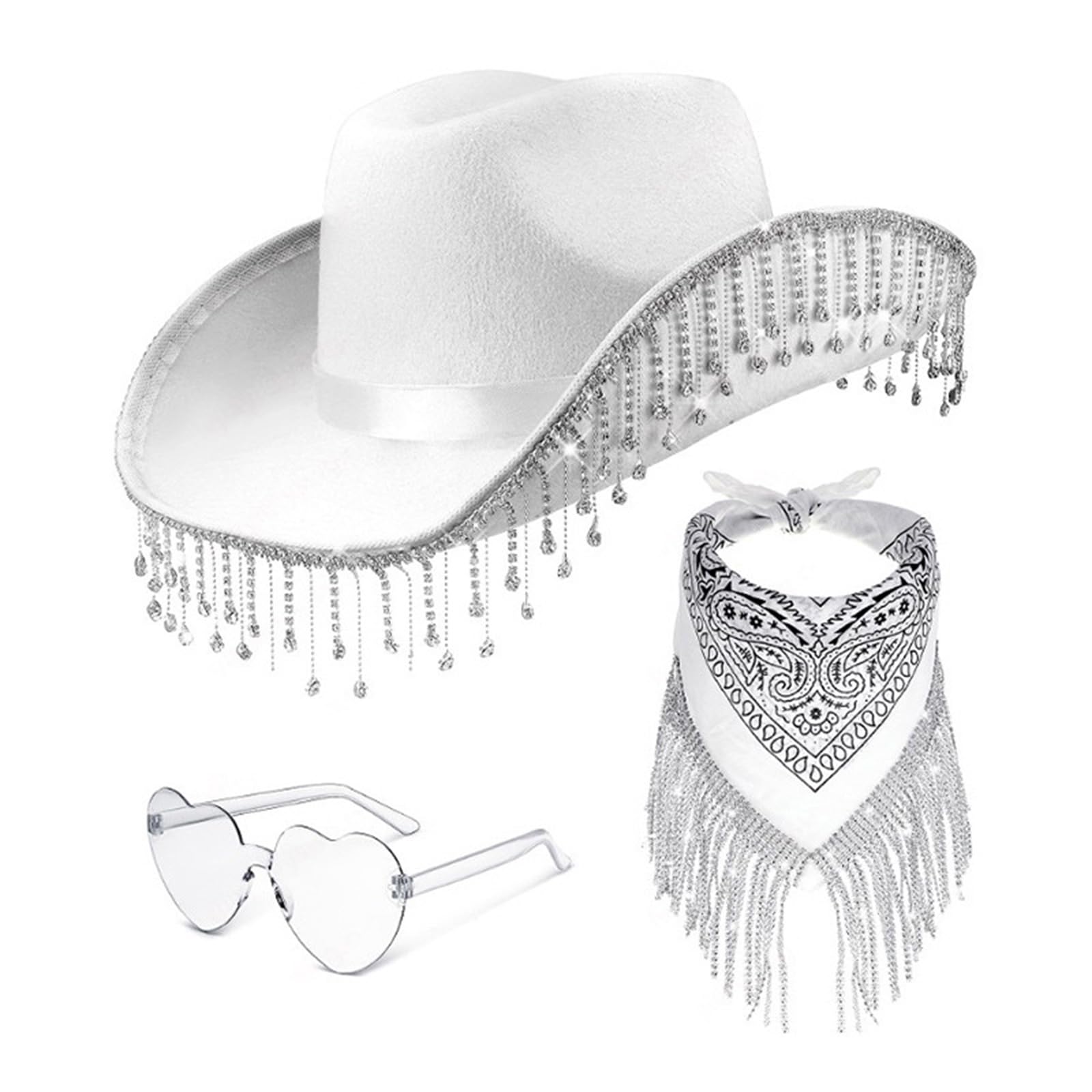 MEELYHOME Cowboy-Kostüm mit Quasten, Western-Kostüm, breite Krempe, Hut, Halstuch, Sonnenbrille, Set, Cosplay, Party, Kostümzubehör, 3-teiliges Cowgirl-Hut-Set, Partyzubehör