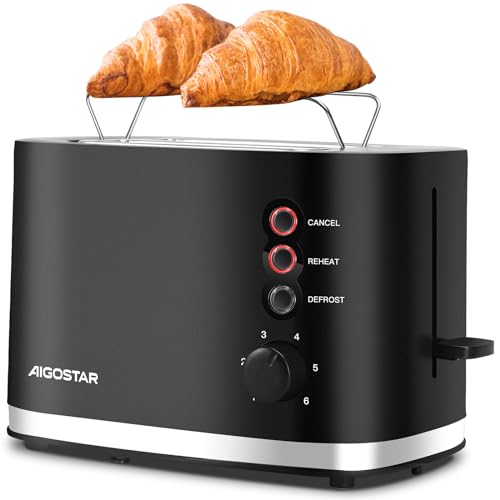 Aigostar Energy - Toaster 2 Scheiben mit Brötchenaufsatz, extra breite Toastschlitze & Brotzentrierung, 6 Bräunungsstufen, Abbruch-, Auftau- & Aufwärmfunktionen, Krümelschublade, 800W, Schwarz