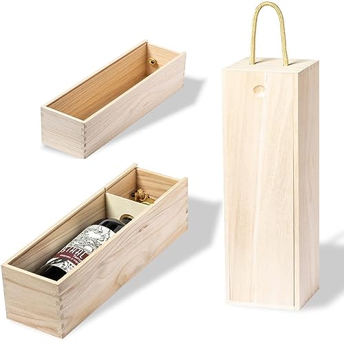 3 Holz Präsentationsboxen Geschenkboxen für je 1 Flasche Weinflasche aus natürlichem Paulownia-Holz mit Schiebedeckel Flaschenhalssicherung und Tragekordel