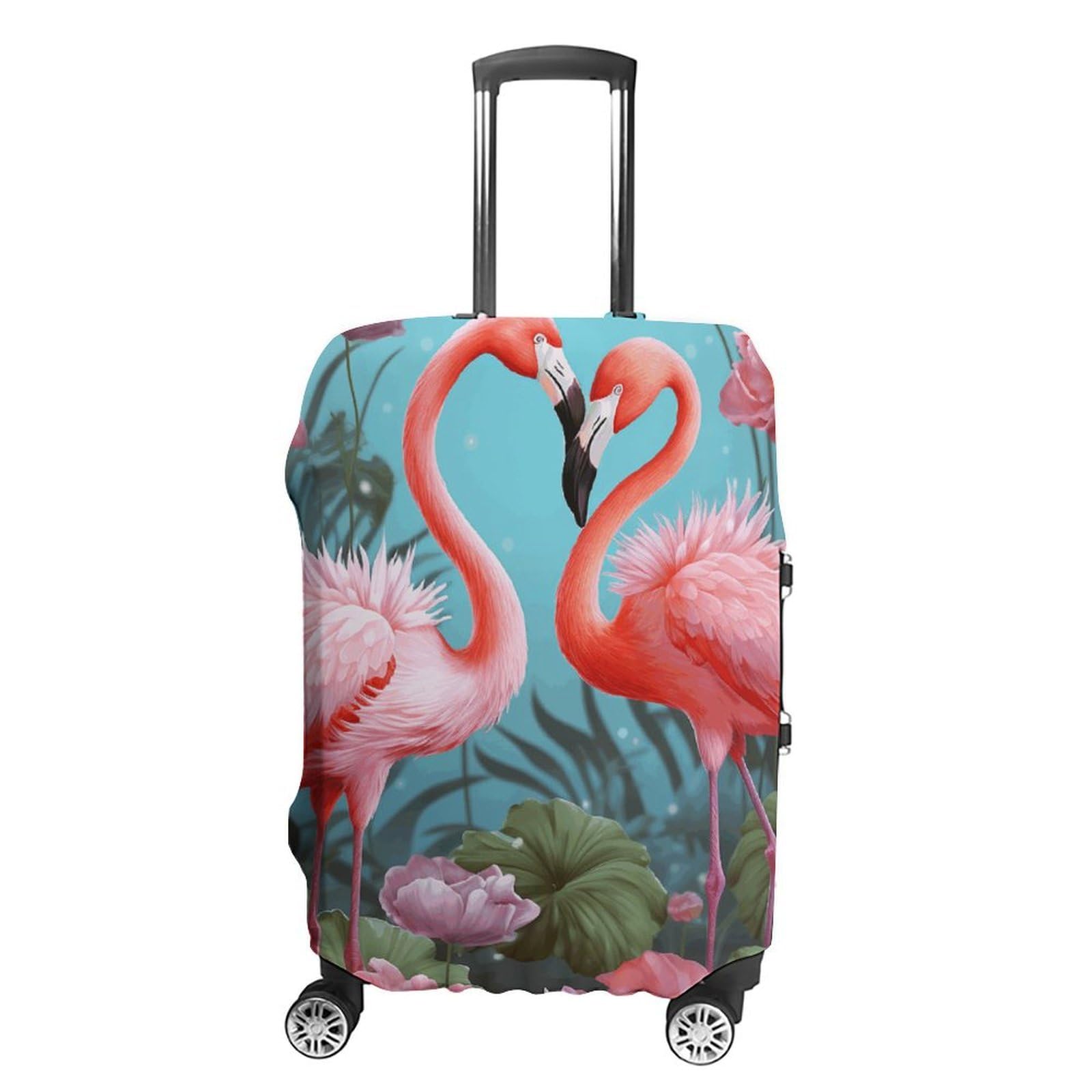 CSGJMYGS Reisegepäckabdeckung, elastisch, waschbar, modisch, kratzfest, Motiv: Flamingo, Liebe, Blumen, Koffer-Schutz, passend für 45,7 - 81,3 cm Gepäck, Flamingo Love Flowers, L