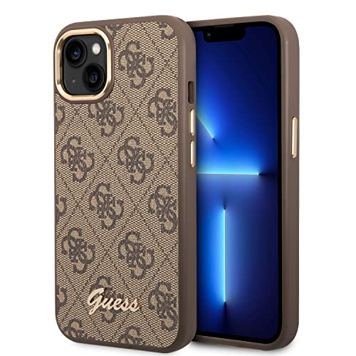 Guess Handyhülle für iPhone 14 Zoll Braun 4G Muster & Script Logo, Anti-Kratzer PC/TPU, Bequeme und langlebige Hartschale mit zugänglichen Anschlüssen & Stoßdämpfung