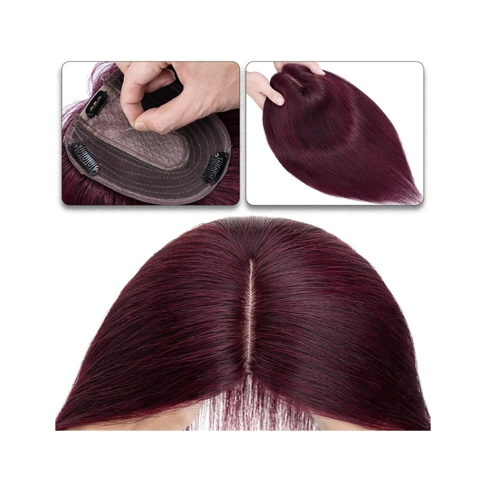 Haartopper für Frauen Haaraufsätze for Frauen, 15,2–45,7 cm, Mittelteil, Echthaaraufsatz, Haarteil, 10 x 12 cm, Seidenbasis mit 4 Clips, glatter Haaraufsatz for dünner werdendes Haar, Haarausfall Haar