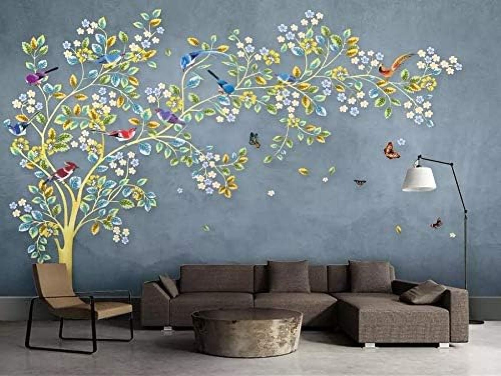 XLMING Abstrakt Mehrfarbig Schmetterling Vogel Blühender Baum Bilder 3D Tapeten Home Esszimmer Sofa Schlafzimmer Wohnzimmer TV Hintergrund-150cm×105cm