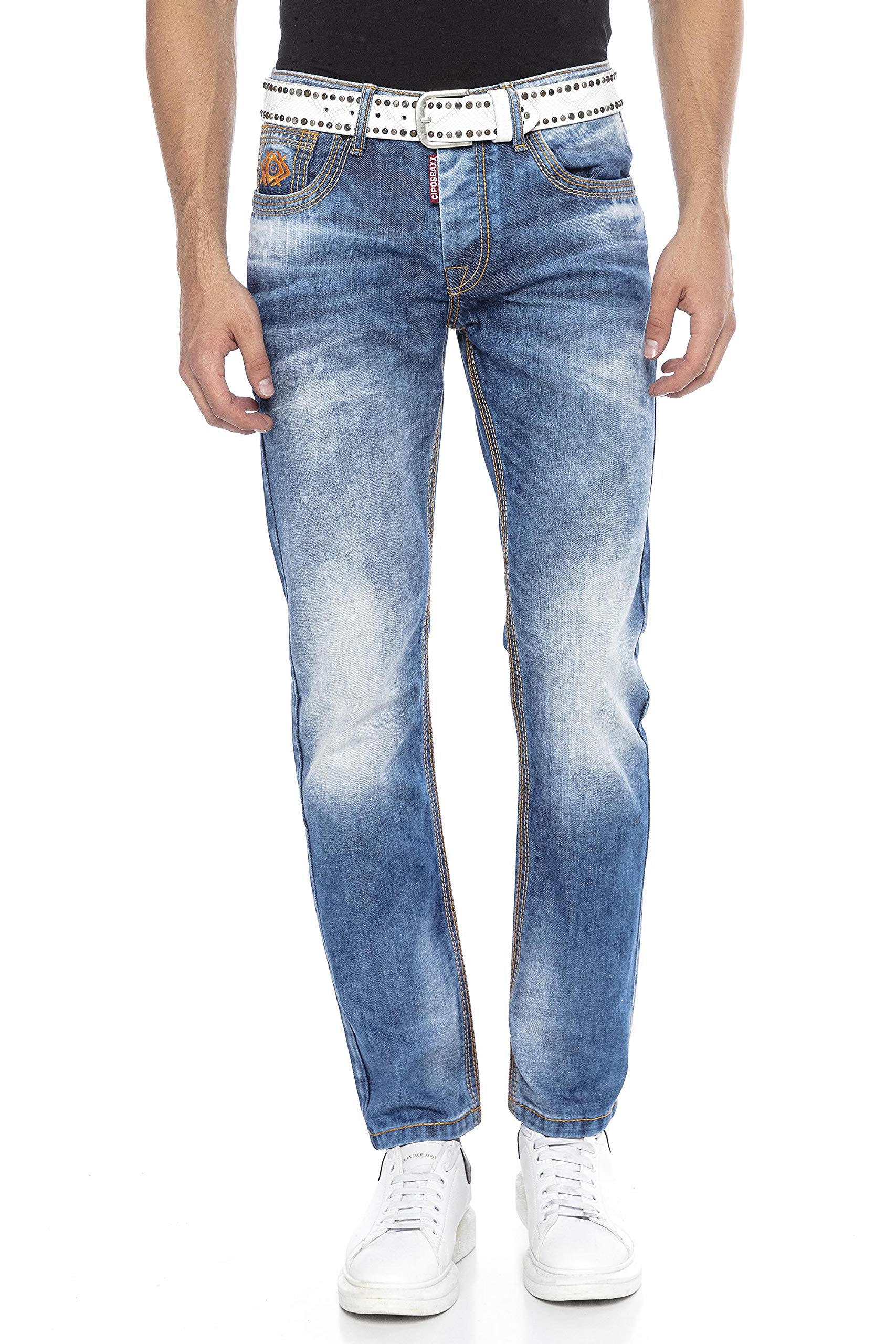 Cipo & Baxx Herren Straight Fit Jeans Hose Nähten Stickerei 5-Pocket Design CD669 Blau Denim Pants W36 L32