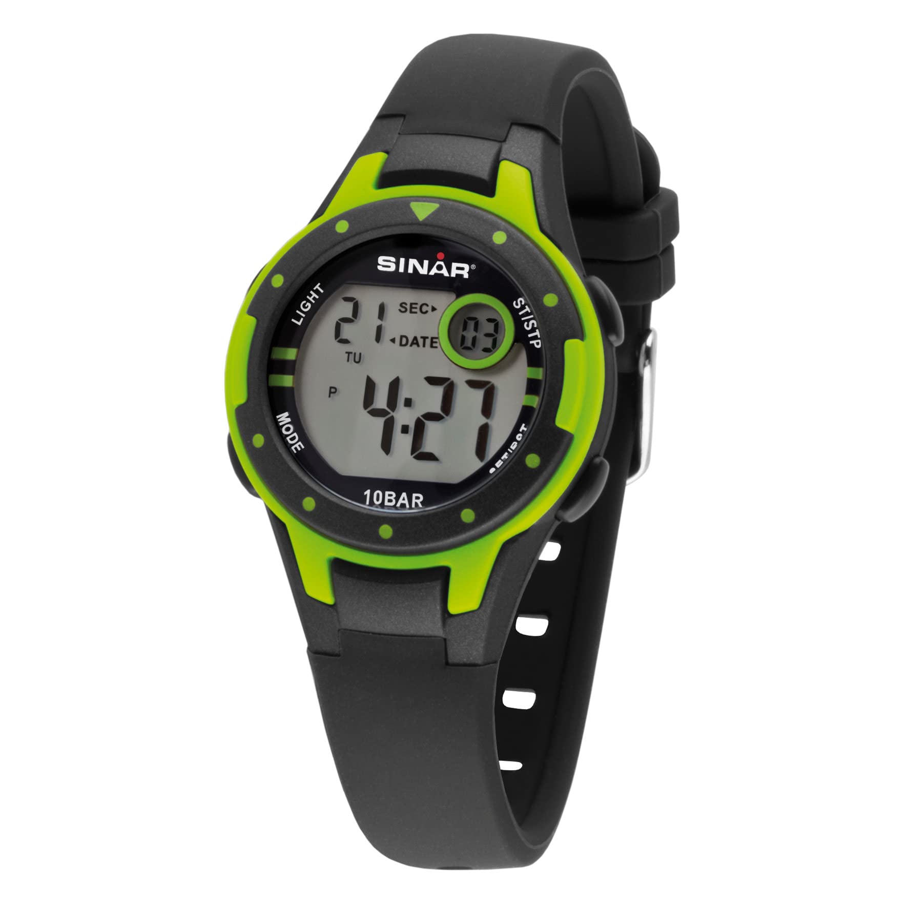 SINAR Jungen-Armbanduhr Jugenduhr Sportuhr Outdoor Digital Quarz 10 bar mit Silikonarmband und Licht Schwarz Neongrün XE-52-3