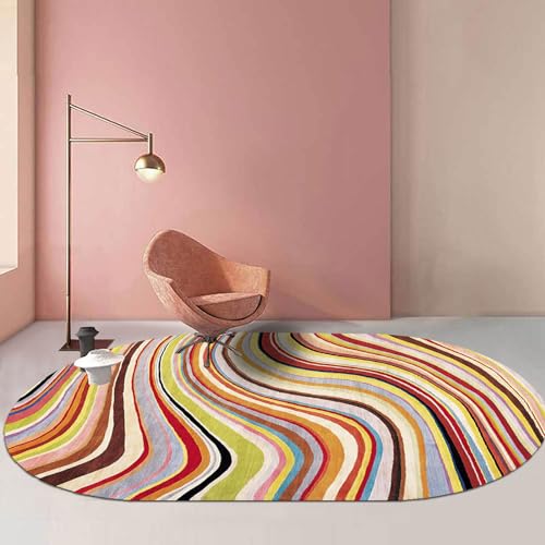 Jwujnxaq Teppiche Oval Weich Groß rutschfest Waschbar Teppich Schlafzimmer Modern Design Deko Schwarz Grau Rot Gelb Mehrfarbige Streifen, 120 x 160 cm