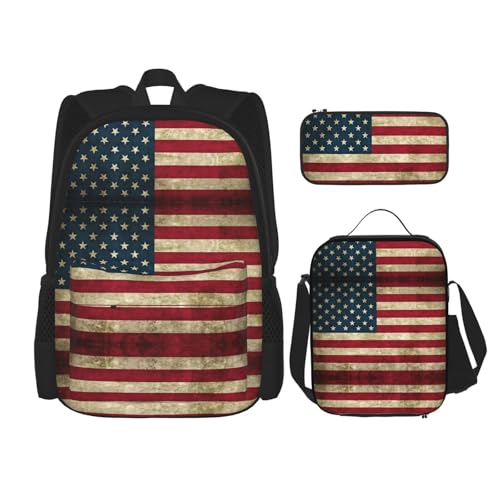 WURTON 3-in-1-Set mit amerikanischer Flagge, lässiger verstellbarer Schulter-Rucksack, Lunch-Tasche, Federmäppchen, Beutel, Schwarz, Einheitsgröße