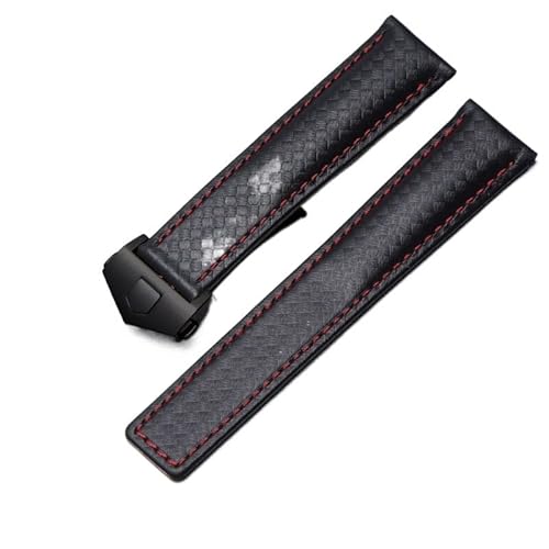 SCRUBY Kohlefasertextur echtes Lederboden -Uhrband für SCHILD Armband schwarz mit roter Liniegurt 20 mm mit Klappschnalle(Black red black,22mm)