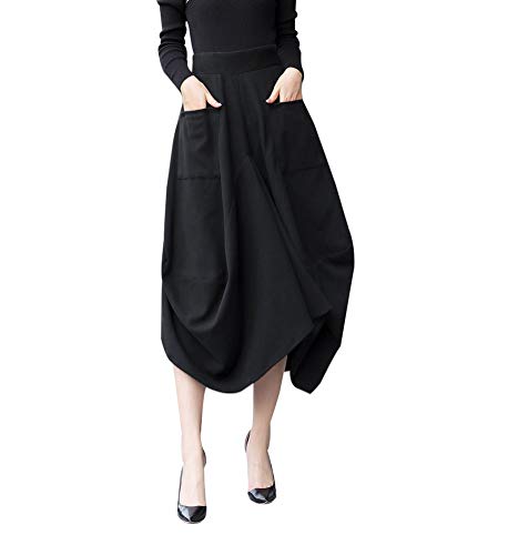 Damen Elegante Wolle Unregelmäßiges Langen Rock Hose Mode Warm Elastische Taille Herbst und Winter Pleated Midi Wolle Flared Röcke (L (Elastische Taille: 72 cm), Schwarz)