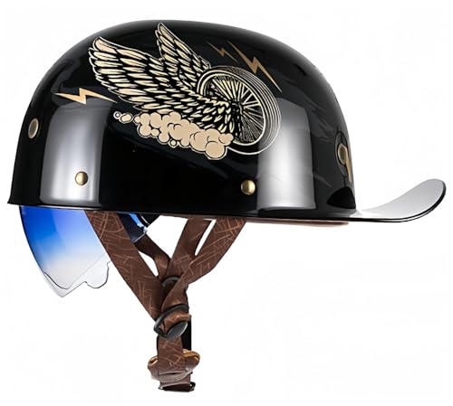 Baseballkappen-Helm, halber Vintage DOT/ECE-zugelassener Moped-Stil-Helm für Coole Motorrad-Cruiser-Roller, für Männer und Frauen F,M 52-54cm