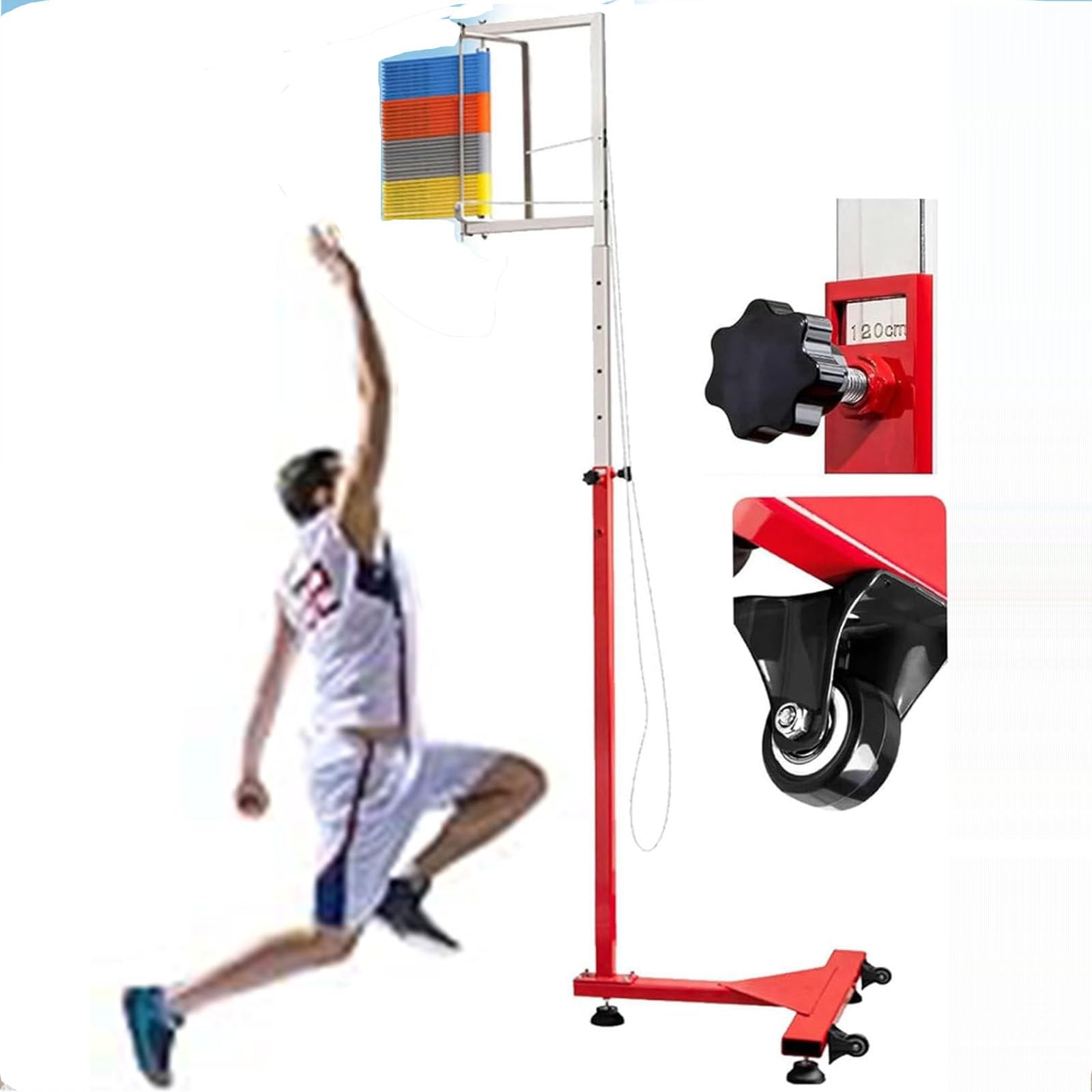 Vertical Jump Trainer Vertical Jump Tester Vertical Jump Tester for Basketball, Metal Adjustable Volleyball Training Equipment, School Gym,- Zugschnur und bewegliches Rad zurücksetzen ,Yellow-1.7-3.6M